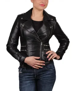 Black Leather Jacket Women's Biker Motorcycle Women Soft Fit Size Real