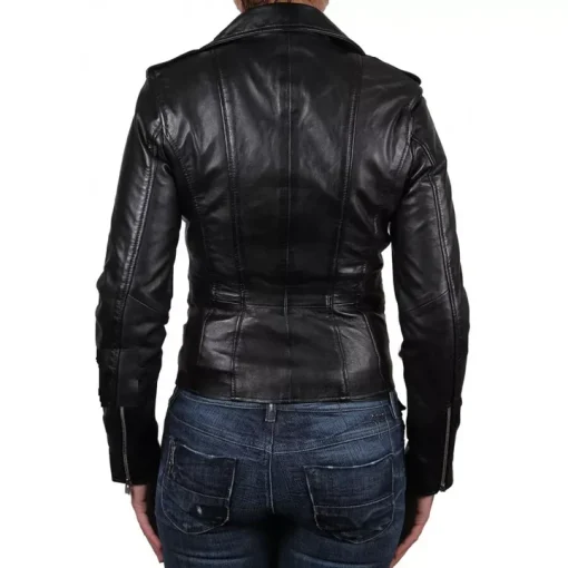 Black Leather Jacket Women's Biker Motorcycle Women Soft Fit Size Real1