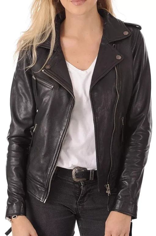 Leather Jacket Women's Biker Motorcycle Women Soft Fit Size Real Black