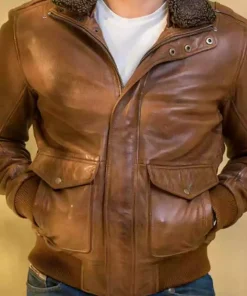 Men Brown Custom Bomber Leather Jacket Motorcycle Real Lambskin Fur Collar Coat