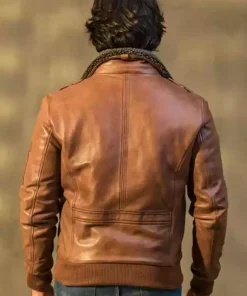Men Brown Custom Bomber Leather Jacket Motorcycle Real Lambskin Fur Collar Coat1