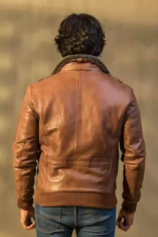 Men Brown Custom Bomber Leather Jacket Motorcycle Real Lambskin Fur Collar Coat1