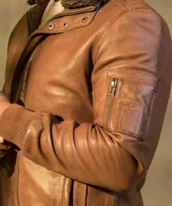 Men Brown Custom Bomber Leather Jacket Motorcycle Real Lambskin Fur Collar Coat3