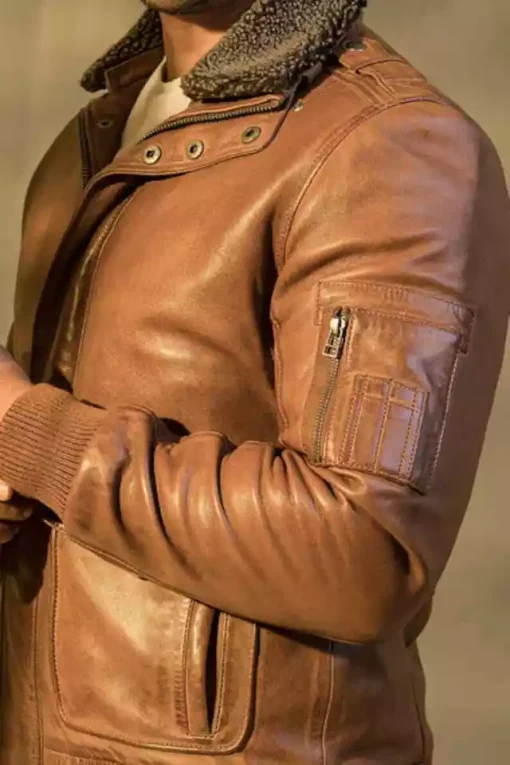 Men Brown Custom Bomber Leather Jacket Motorcycle Real Lambskin Fur Collar Coat3