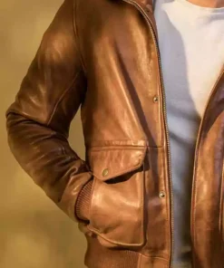 Men Brown Custom Bomber Leather Jacket Motorcycle Real Lambskin Fur Collar Coat4