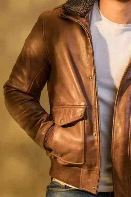 Men Brown Custom Bomber Leather Jacket Motorcycle Real Lambskin Fur Collar Coat4