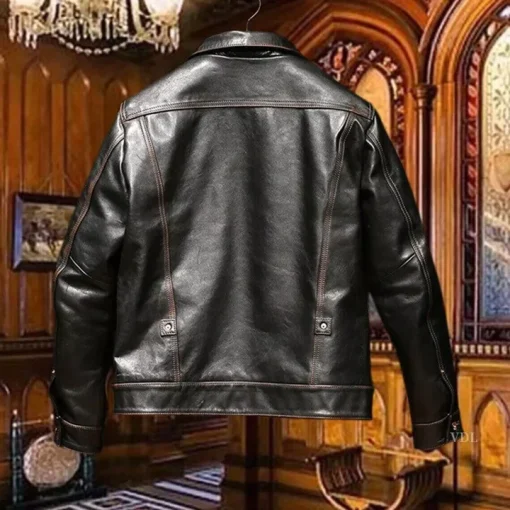 Men Distressed Trucker Cowhide Leather Luxury Tanned Cafe Racer Motorcycle Coat1