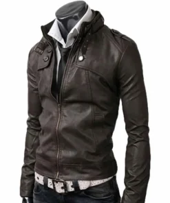 Men’s Belted Buckle Collar Slim Fit Dark Brown Jacket1