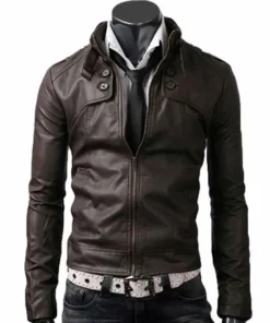Men’s Belted Buckle Collar Slim Fit Dark Brown Jacket2
