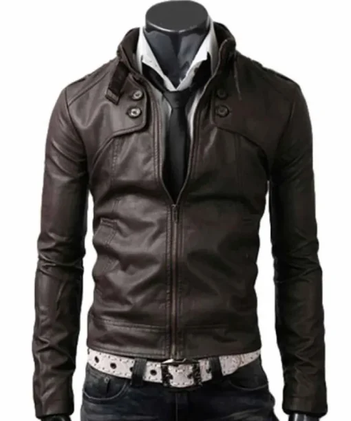 Men’s Belted Buckle Collar Slim Fit Dark Brown Jacket2