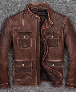 Mens Biker Cafe Racer Vintage Motorcycle Distressed Brown Cowhide Leather Jacket