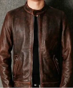 Men's Biker Cafe Racer Vintage Motorcycle Distressed Brown Leather Jacket