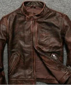 Men's Biker Cafe Racer Vintage Motorcycle Distressed Brown Leather Jacket2