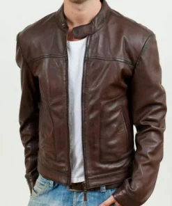 Men's Biker Motorcycle Brown Real Leather Jacket.