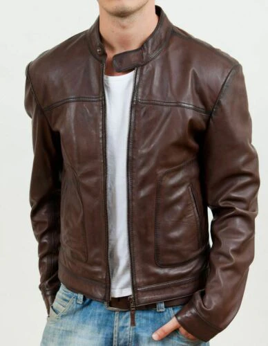 Men's Biker Motorcycle Brown Real Leather Jacket.