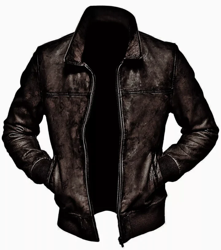 Mens Biker Motorcycle Vintage Distressed Black Bomber Winter Leather Jacket