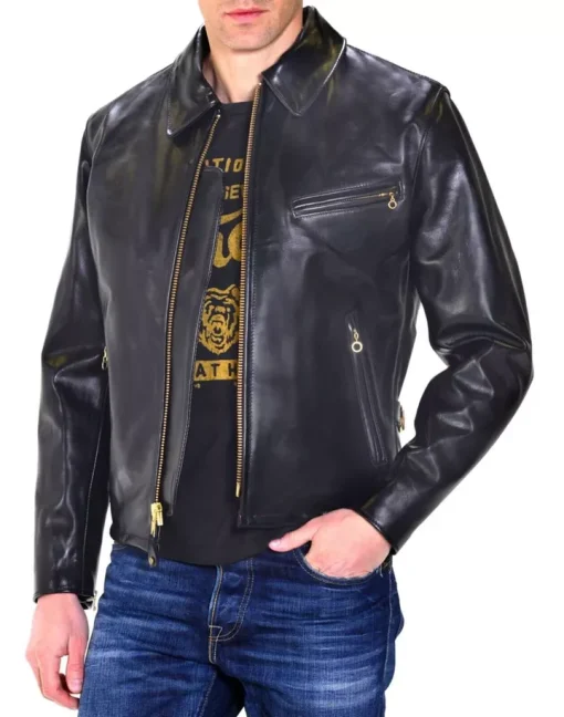Men's Black Cowhide Leather Classic Racer Motorcycle Jacket Golden Zip Coat