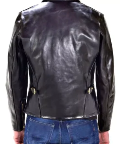 Men's Black Cowhide Leather Classic Racer Motorcycle Jacket Golden Zip Coat1