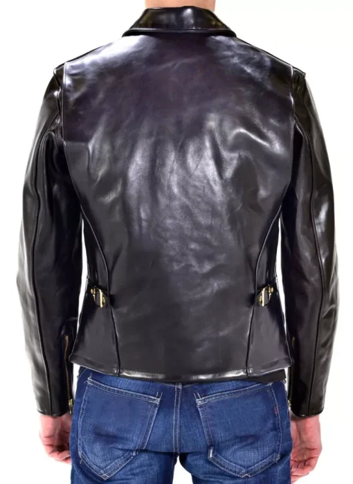Men's Black Cowhide Leather Classic Racer Motorcycle Jacket Golden Zip Coat1