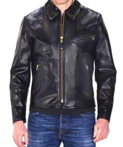 Men's Black Cowhide Leather Classic Racer Motorcycle Jacket Golden Zip Coat2