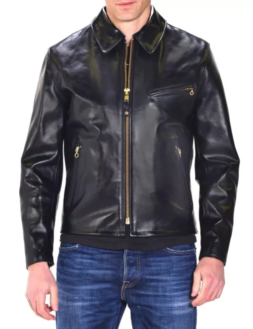 Men's Black Cowhide Leather Classic Racer Motorcycle Jacket Golden Zip Coat2