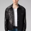 Mens Black Genuine lambskin Trucker Leather bomber Jacket Coat