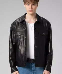Mens Black Genuine lambskin Trucker Leather bomber Jacket Coat