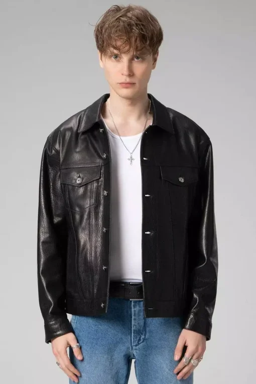 Mens Black Genuine lambskin Trucker Leather bomber Jacket Coat