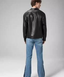Mens Black Genuine lambskin Trucker Leather bomber Jacket Coat1