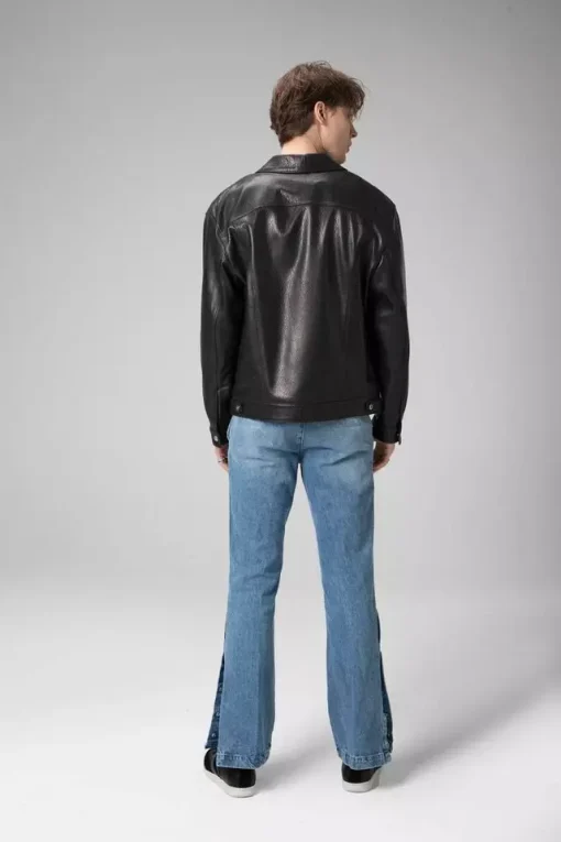 Mens Black Genuine lambskin Trucker Leather bomber Jacket Coat1