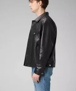 Mens Black Genuine lambskin Trucker Leather bomber Jacket Coat2