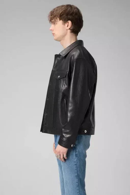 Mens Black Genuine lambskin Trucker Leather bomber Jacket Coat2