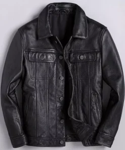 Men's Black Trucker Lambskin Leather Jacket Coat