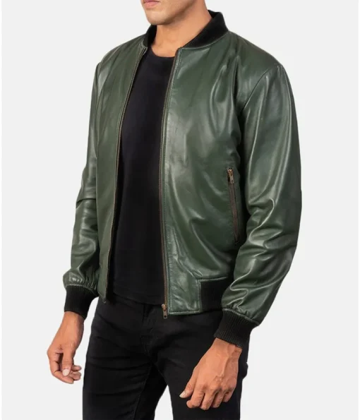 Men’s Bomber Casual Green Leather Jacket1