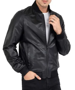 Men’s Casual Bomber Real Black Leather Jacket