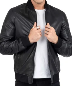 Men’s Casual Bomber Real Black Leather Jacket1