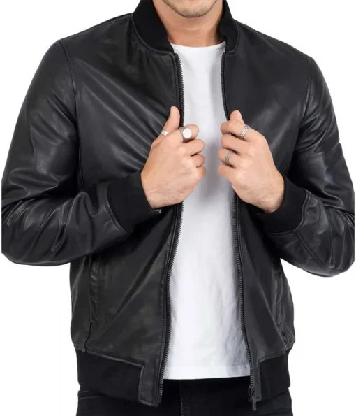 Men’s Casual Bomber Real Black Leather Jacket1