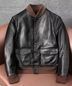 Men's Casual Leather Coat Front Pockets A1 Bomber Basic Genuine Leather Jackets