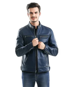 Men's Casual Leather Coat with Front Pockets A1 Bomber Basic Genuine Leather Jacket