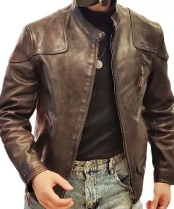 Mens Cowhide Tea Core Leather Biker Motorcycle Jacket Distressed Vintage Coat
