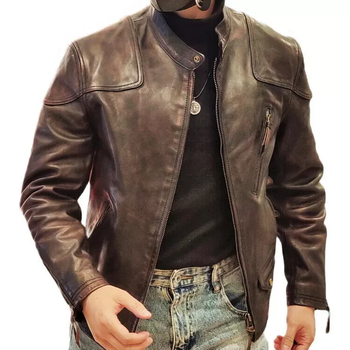 Mens Cowhide Tea Core Leather Biker Motorcycle Jacket Distressed Vintage Coat