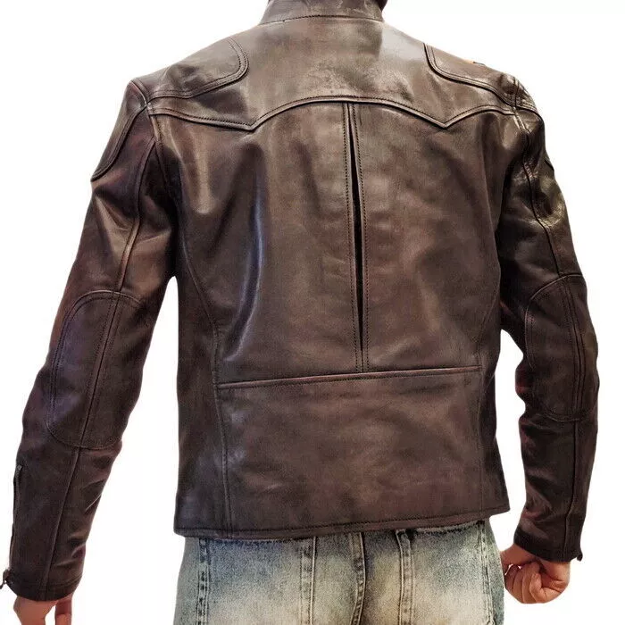 Mens Cowhide Tea Core Leather Biker Motorcycle Jacket Distressed Vintage Coat1