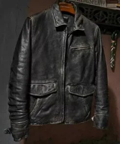 Men’s Motorcycle Biker Vintage Cafe Racer Distressed Black Real Leather Jacket black1