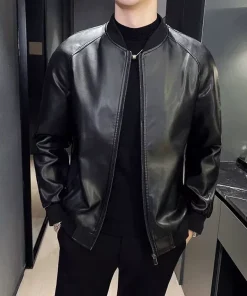 Men's PU Leather Jacket Stylish Baseball Collar Casual & Motorcycle Outerwear