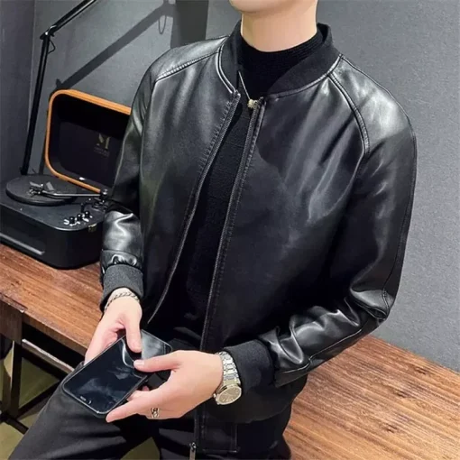Men's PU Leather Jacket Stylish Baseball Collar Casual & Motorcycle Outerwear2