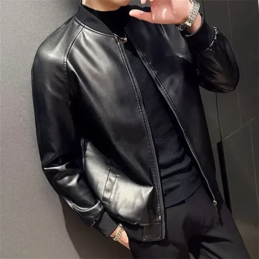 Men's PU Leather Jacket Stylish Baseball Collar Casual & Motorcycle Outerwear3