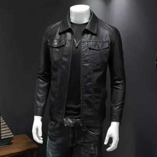 Men’s PU Leather Motorcycle Jacket – Waterproof, Thick, Slim Fit Lapel Jacket1