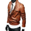 Men’s Slim Fit Tan Button Front Brown Leather Jacket