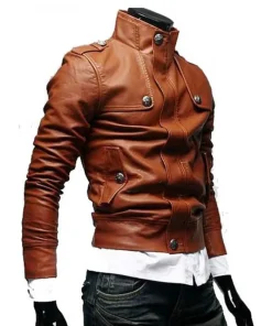 Men’s Slim Fit Tan Button Front Brown Leather Jacket1