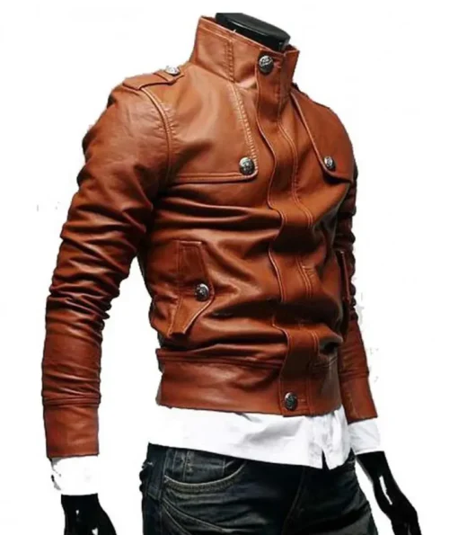 Men’s Slim Fit Tan Button Front Brown Leather Jacket1